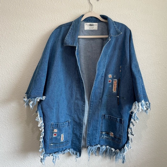 Phoenix Conexion Art To Wear Custom Signed Fringe Denim Poncho Boho Jacket - Picture 11 of 12